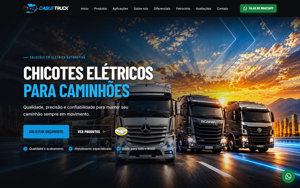 Página inicial do site da Cable Truck, chicotes elétricos para caminhões