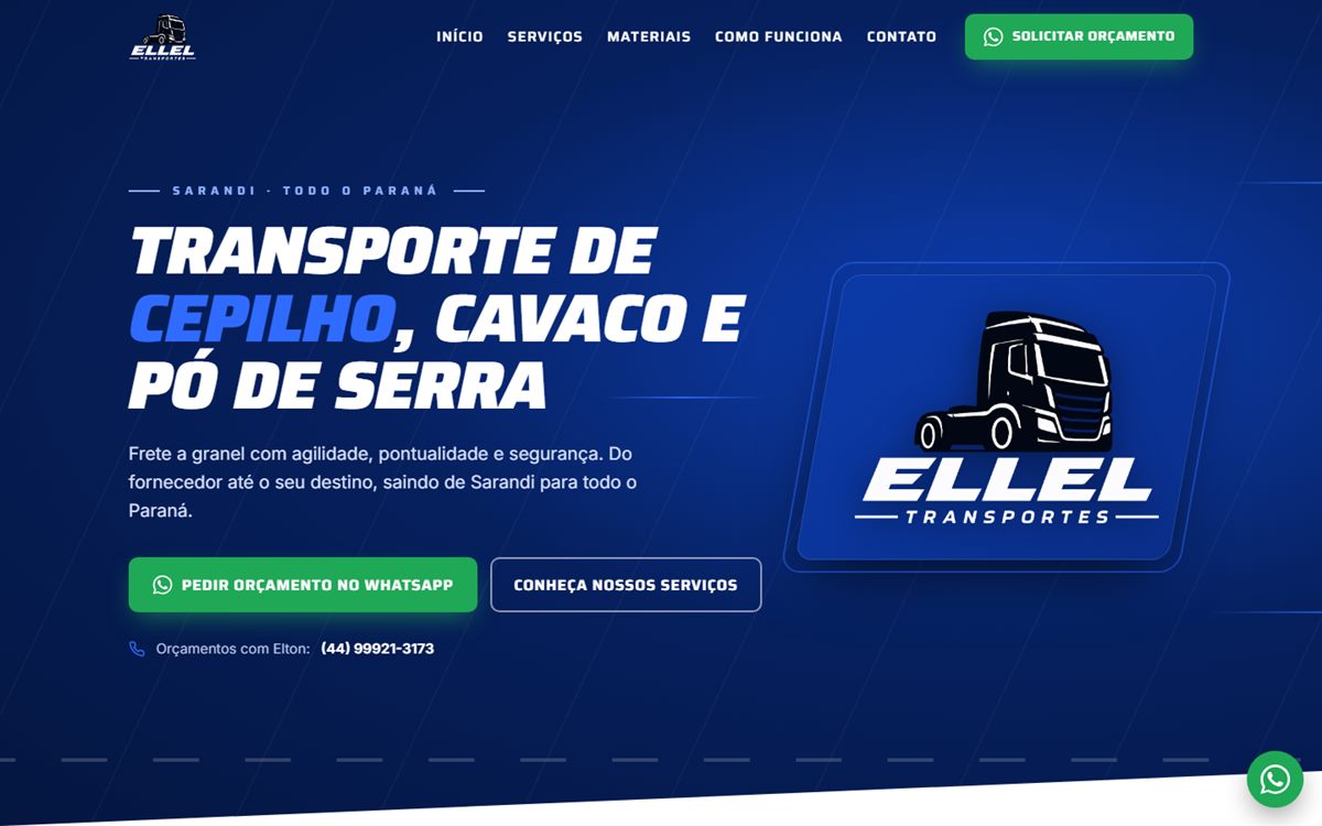 Página inicial do site da Ellel Transportes, transporte de cepilho, cavaco e pó de serra